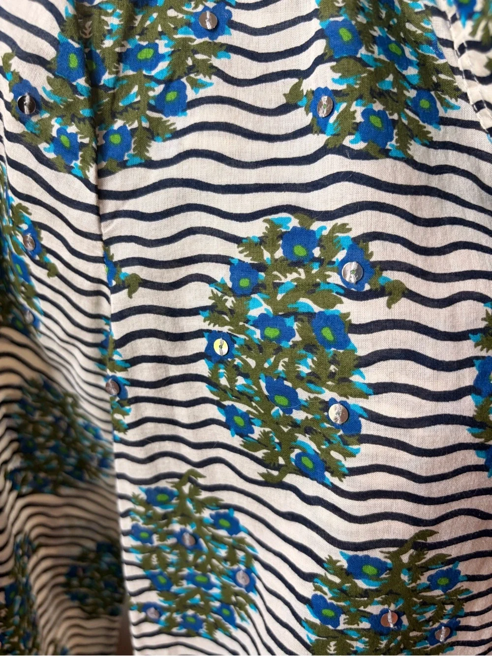 Tory Burch Orange Logo Tag on Blue & Green Floral Stripe Top